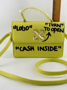Yellow “Money Bag” Cash Inside Faux Leather Structure Bag Gold Tone Logo